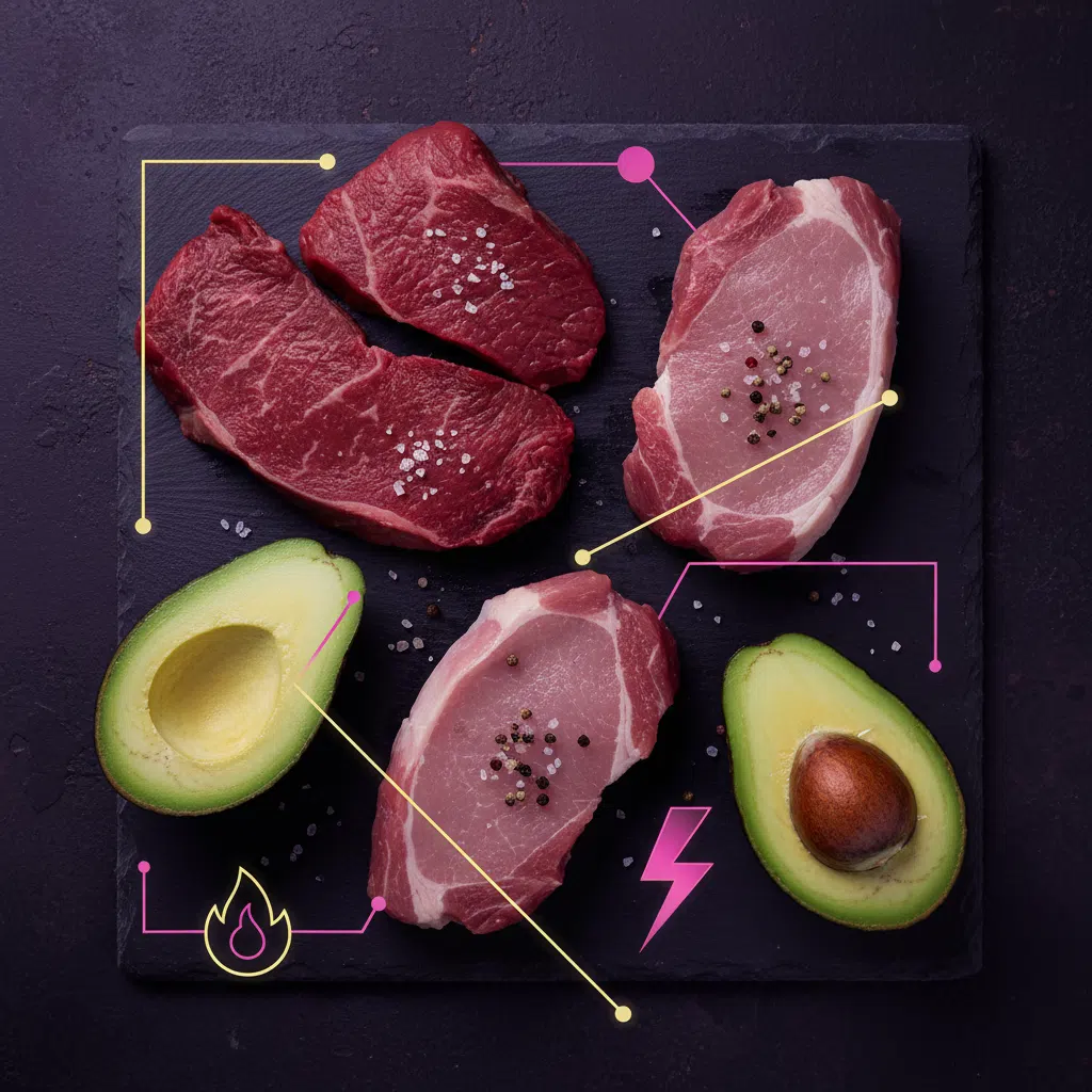 Natürliche Lebensmittelquellen von L-Carnitin: Fleisch und Avocado