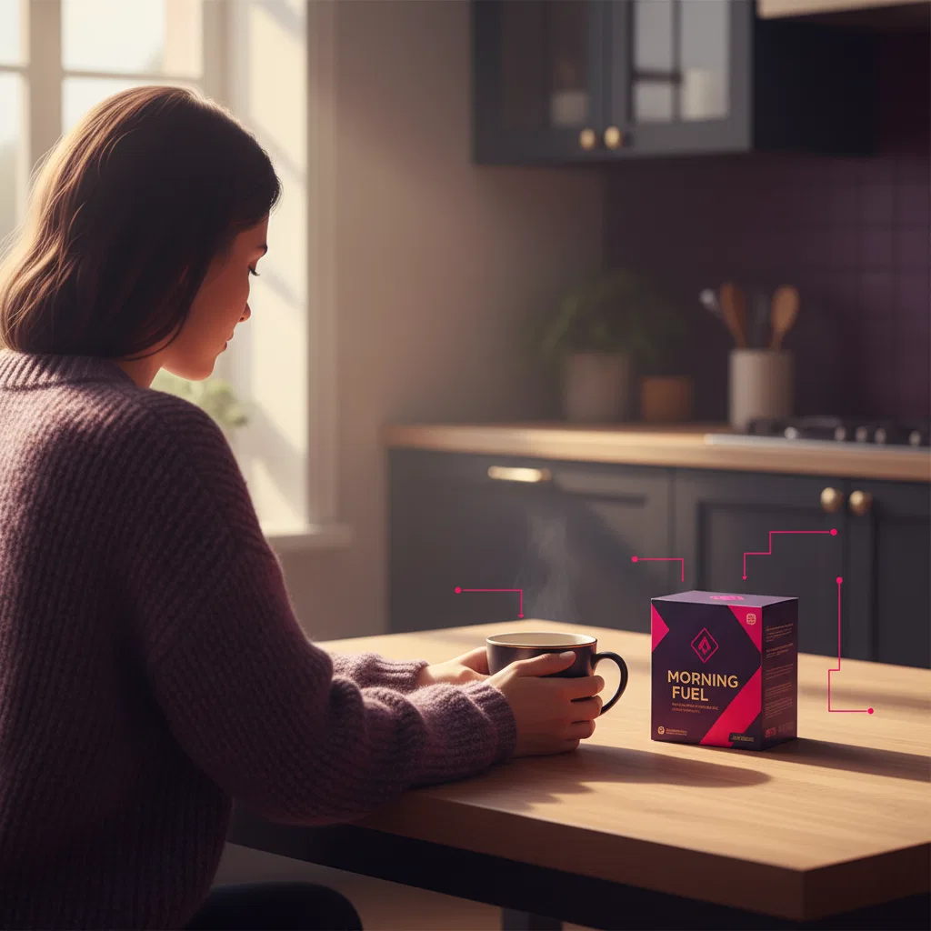 Anonyme Person beim Morgen-Kaffeeritual mit Wellaray Coffee Ergänzung auf dem Tisch